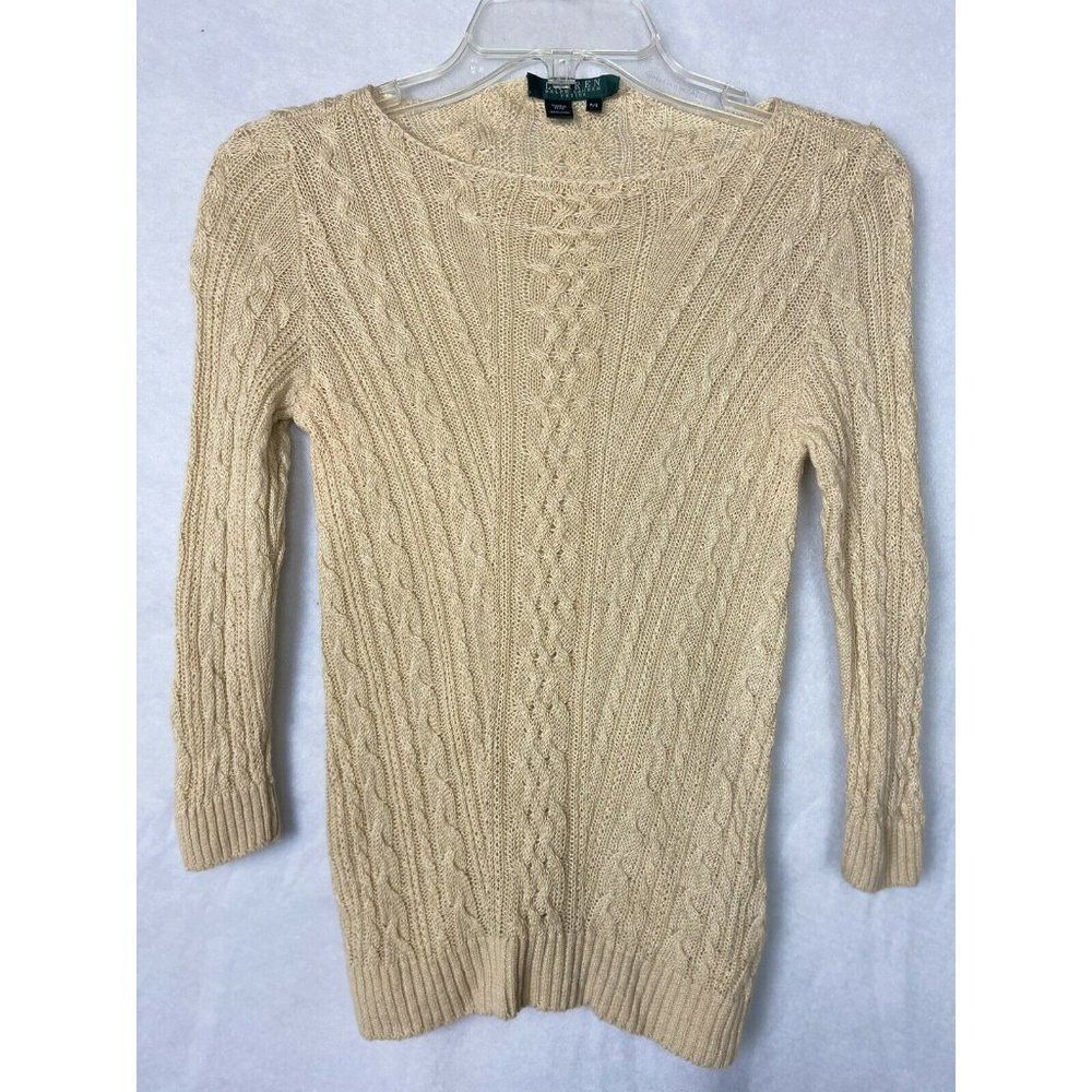 Lauren Ralph Lauren Womens Petite Small Tan 100% Linen Cableknit Sweater